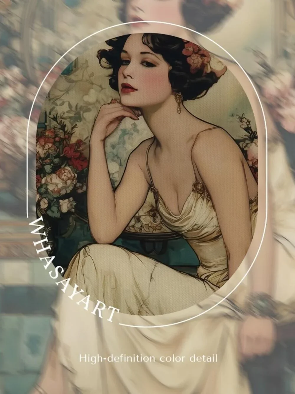 Vintage Floral Wall Art Print - 1920s Girl Painting in Gold Frame, Elegant Home